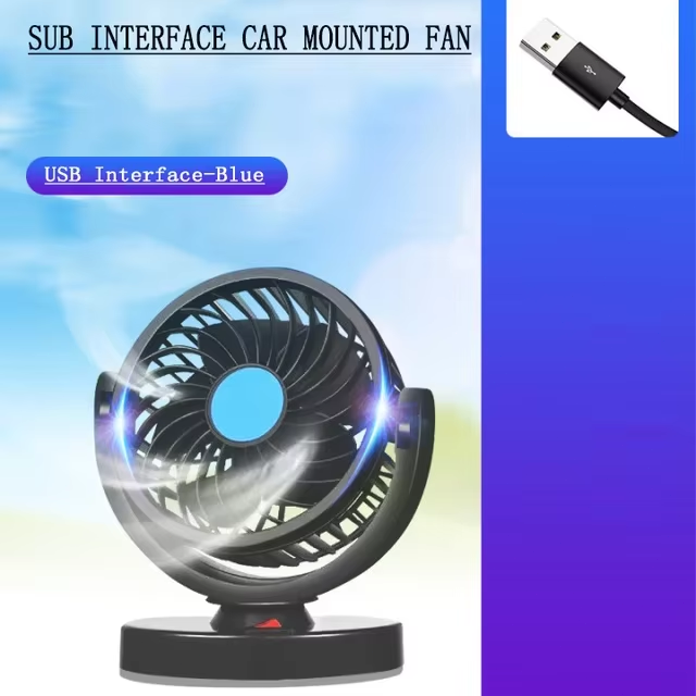 12V Powerful Quiet Car Fan USB Plug 180 + 360 degree Rotatable Cooling Fan