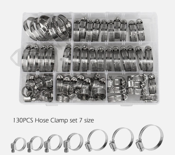 130pcs Adjustable Hose Clamps Worm Gear Stainless Steel Clamp Assortment 7 Sizes