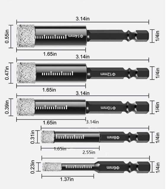 5x Diamond Core Drill Bits Dry Drilling Hole Saw 6/8/10/12/14mm for Ceramic Tile