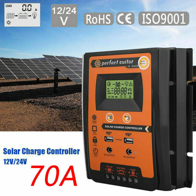 70A Solar Charger Controller 12/24V Dual USB Battery Panel Regulator