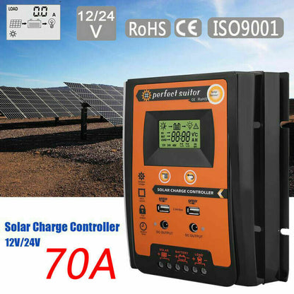 70A Solar Charger Controller 12/24V Dual USB Battery Panel Regulator
