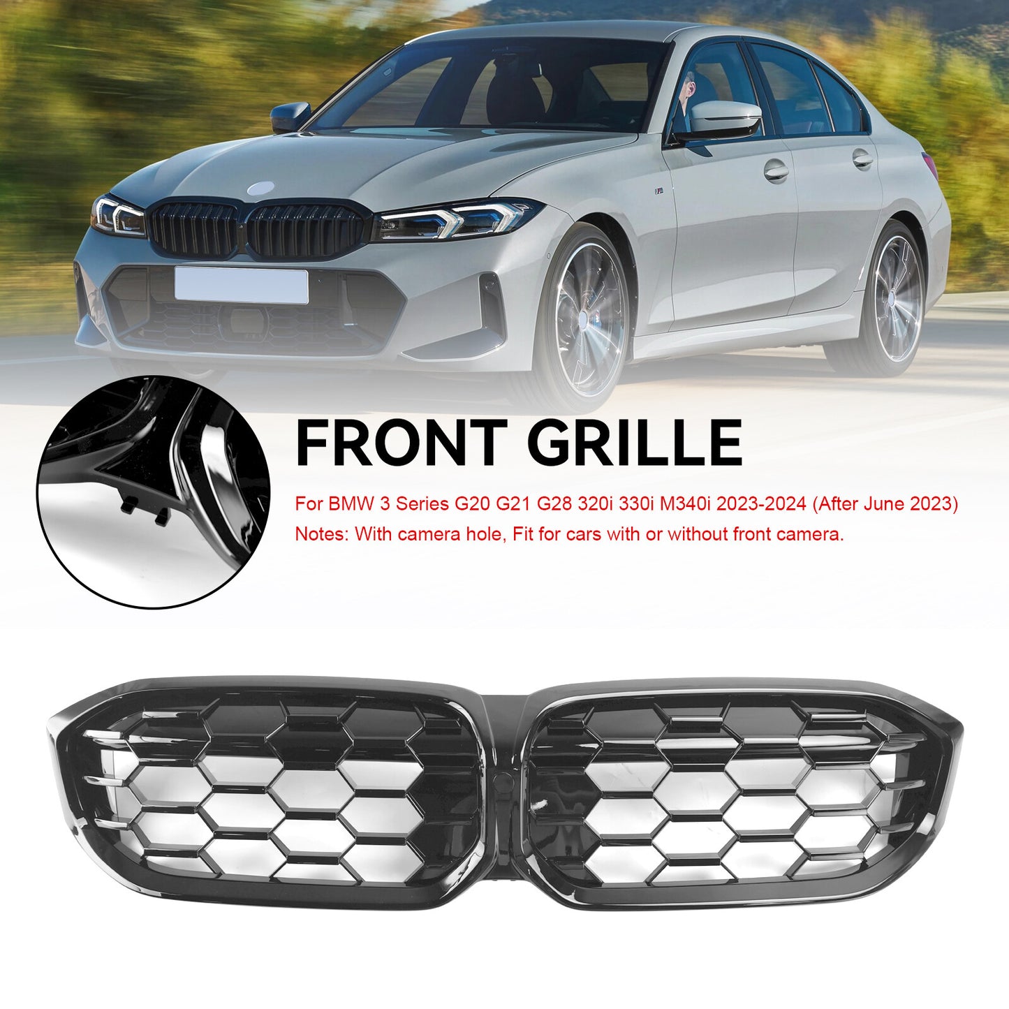 Gloss Black Front Kidney Grill Grille fit BMW G20 320i 330i M340i 2023-2024