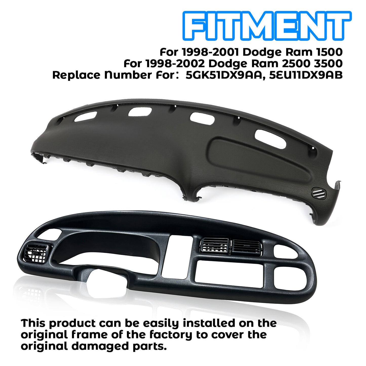 Solid Spare Dash Instrument Panel Pad Replacement Vent For 98-02 01 Dodge Ram 1500 2500 3500