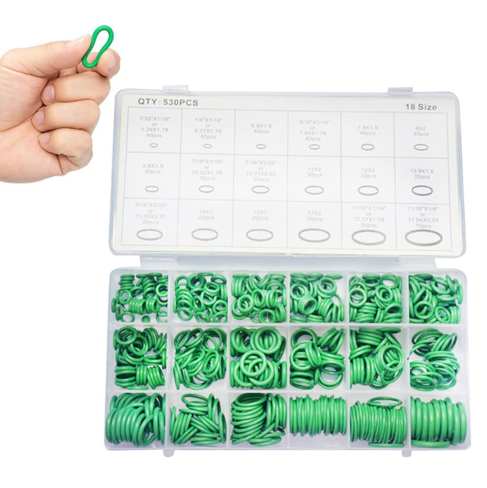 530PCS Green HNBR O-Rings Assortment Kit 18 Sizes for A/C Compressor