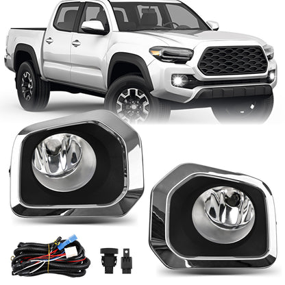 Front Bumper Fog Light Lamp Kit w/ Chrome Trim Bezel Fit 2016-2023 Toyota Tacoma