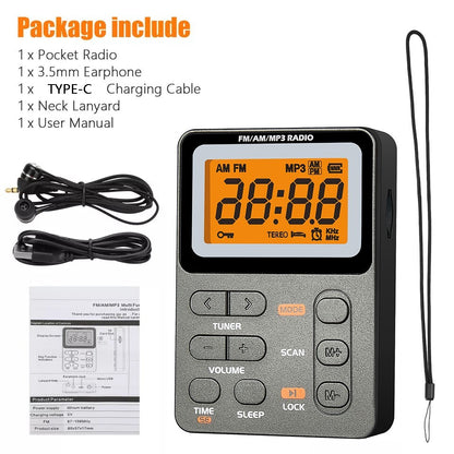 Portable Pocket Digital LCD AM FM Radio Stereo MP3 USB Rechargeable w/Earphones