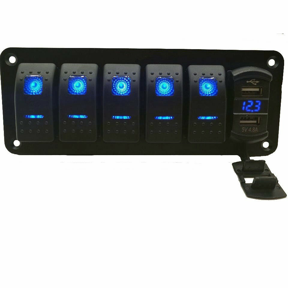 6 Gang Toggle Rocker Switch Panel Dual USB for Car Boat Marine RV Truck Blue LED