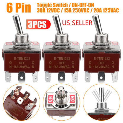 3X Heavy Duty DPDT ON/OFF/ON Toggle Switch 20A 125V/15A 250V Screw Terminals