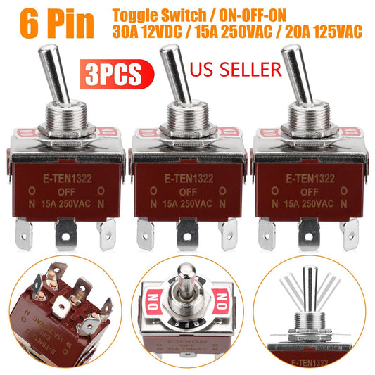 3X Heavy Duty DPDT ON/OFF/ON Toggle Switch 20A 125V/15A 250V Screw Terminals