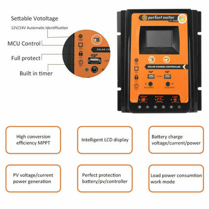 70A Solar Charger Controller 12/24V Dual USB Battery Panel Regulator
