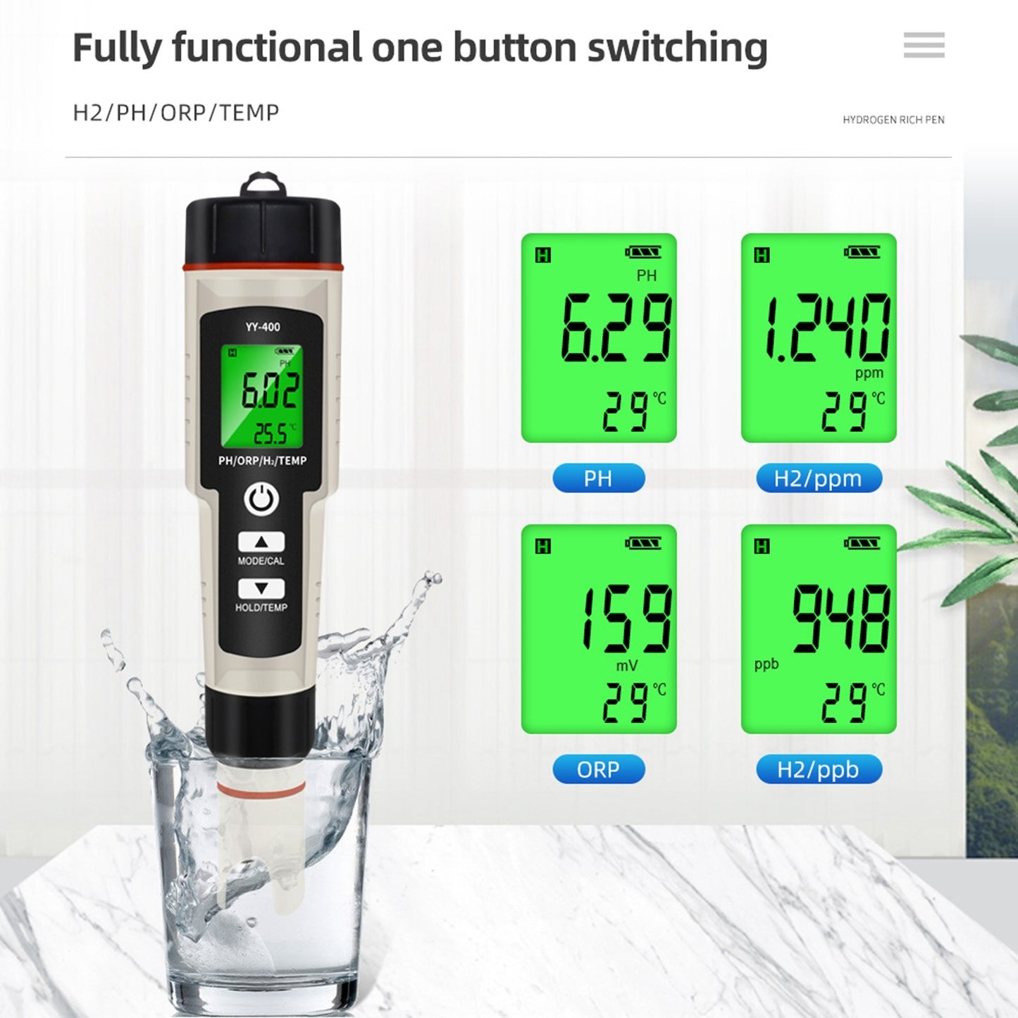 ??Portable 4 In 1 Hydrogen-Rich Test Pen PH/ORP/TEMP Water Quality Meter Tester