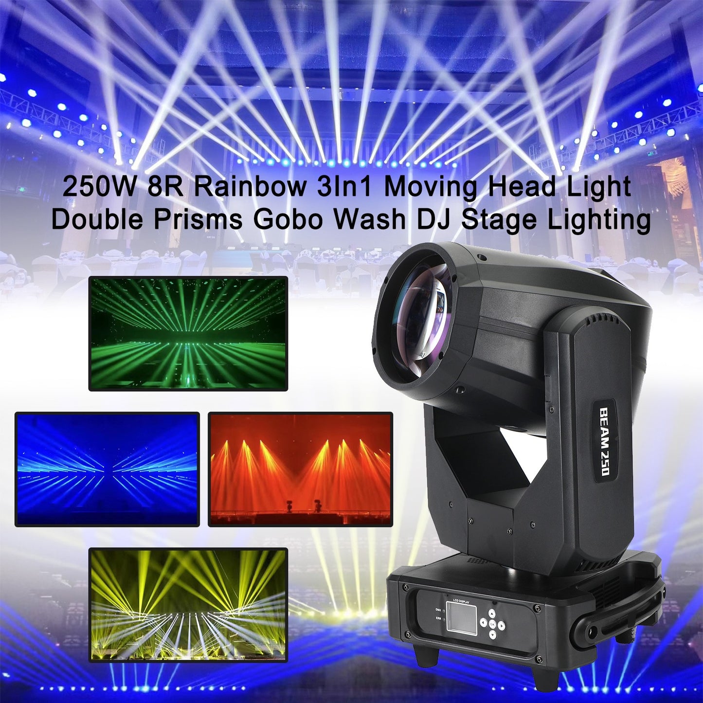 250W 8R Rainbow 3In1 Moving Head Light Double Prisms Gobo Wash DJ Stage_Lighting