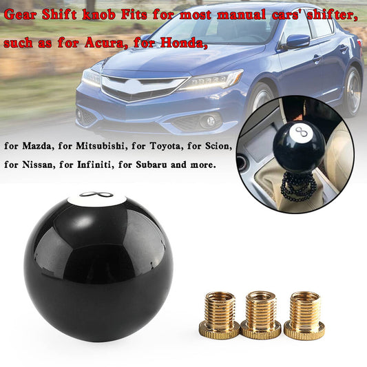 Solid Spare Universal No.8 Billiard Ball Gear Shifter Black Round Shift Knob w/ 3 Adapters