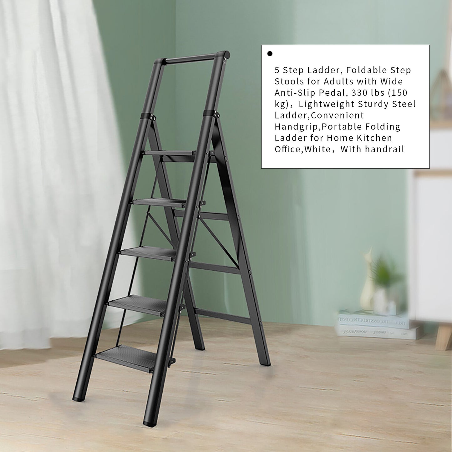 5 Step Ladder, Foldable Step Stool, Aluminum Step Ladder with Anti-Slip Pedal