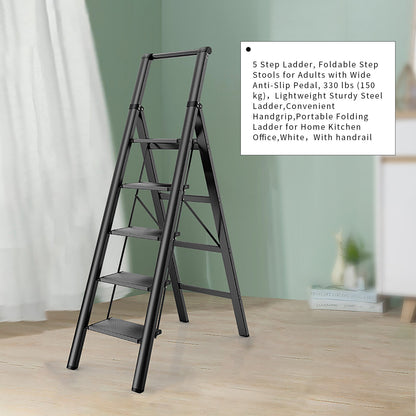 5 Step Ladder, Foldable Step Stool, Aluminum Step Ladder with Anti-Slip Pedal