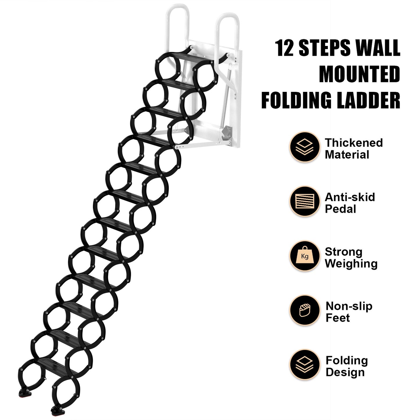 Wall Mounted Folding Ladder Black Loft Attic Stairs Pull down 12 Steps*