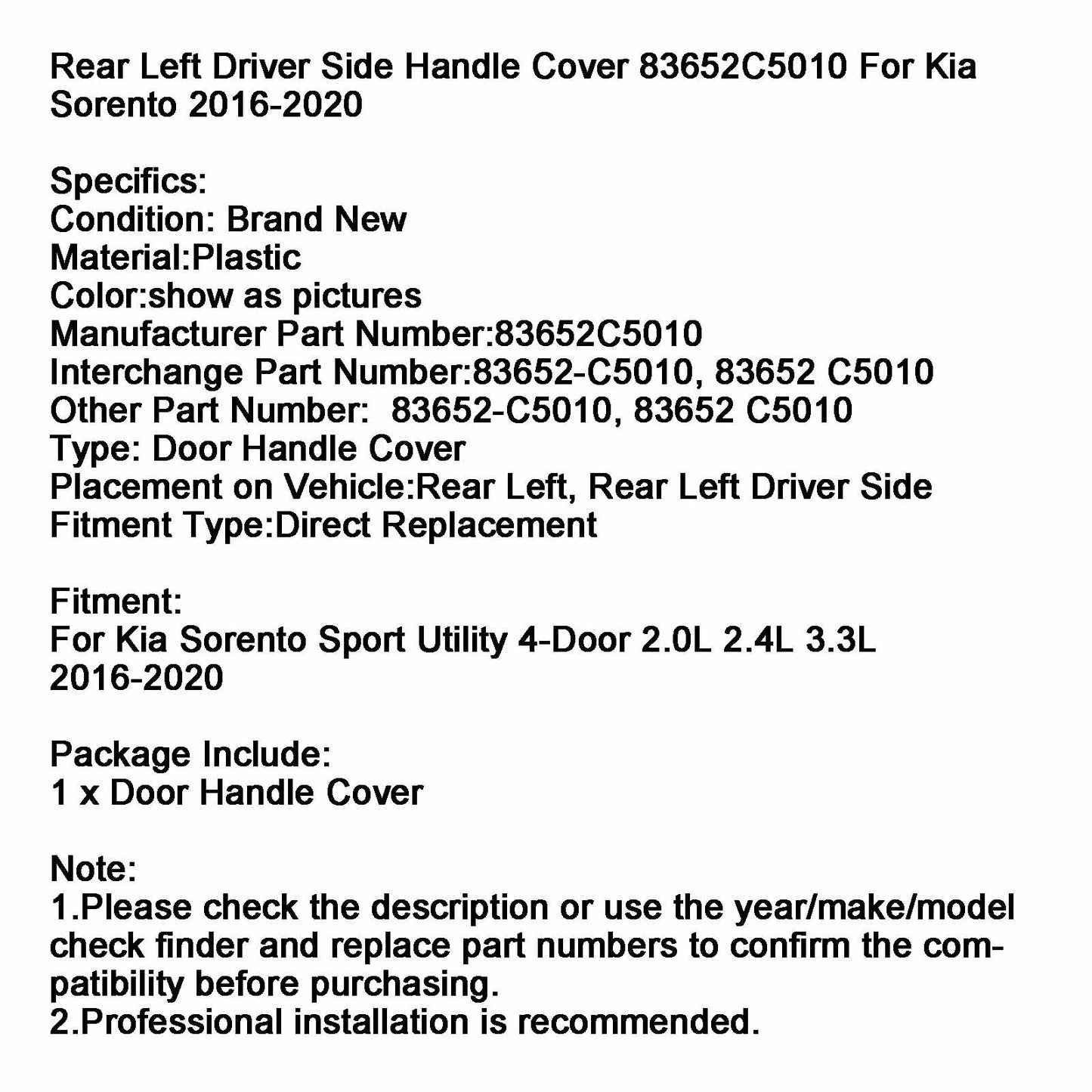 Rear Left Driver Side Handle Cover 83652C5010 For Kia Sorento 2016-2020