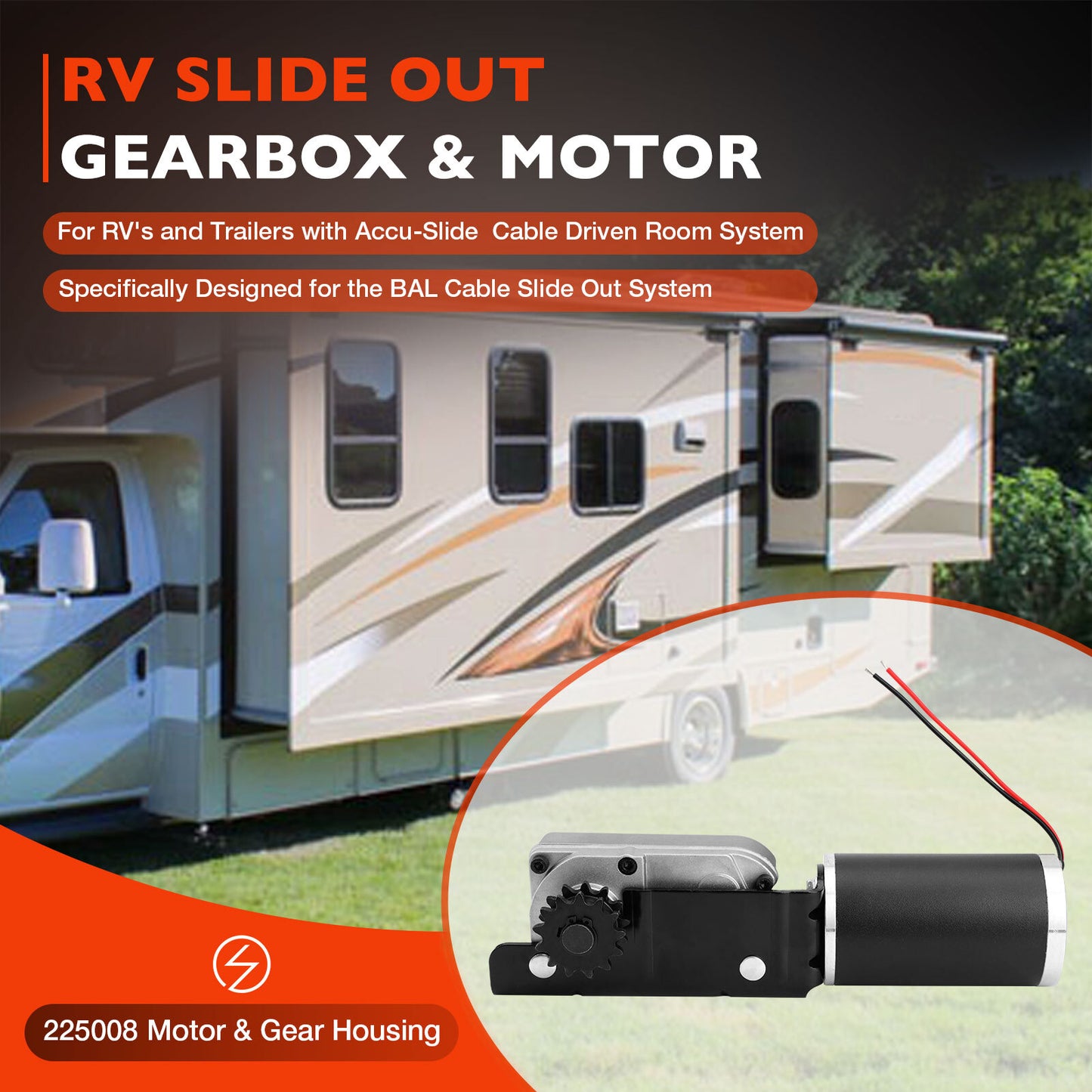 RV Slide-Out Motor & Gearbox Assembly For RV BAL Accu-Slide Cable System 225008