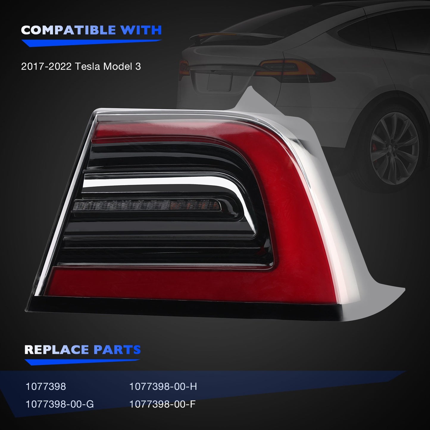 Rear Right LED Tail Light Lamp Passenger Side For 2017-24 Tesla Model 3/Y 3-Pin