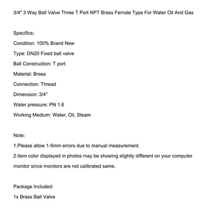 ??G3/4" 3 Way Ball Valve Three T Port Brass Female Type For Water Oil And Gas