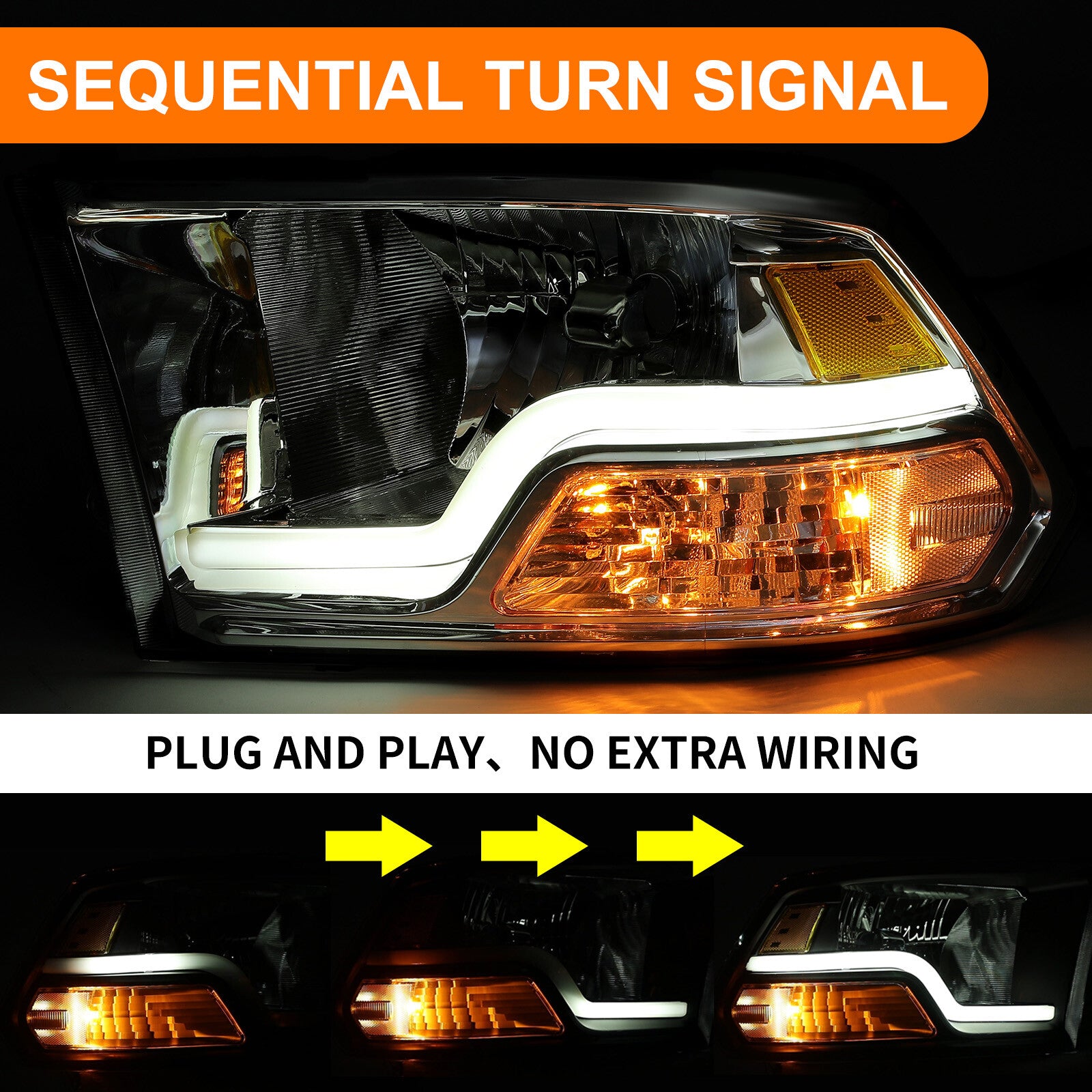 Solid Spare For 09-18 Dodge Ram 1500 2500 3500 Sequential Turn Signal Headlights w/LED DRL