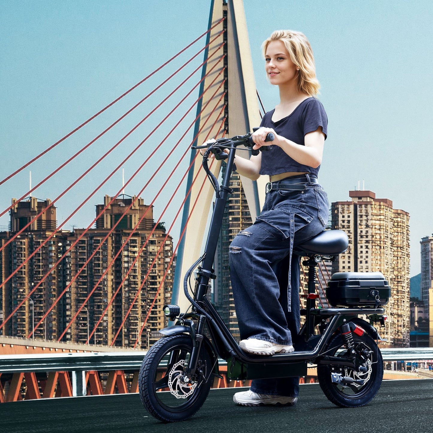 Electric Folding Scooter 48V 500W 14" Tires w/ Basket Commuter E-Bike 20MPH*