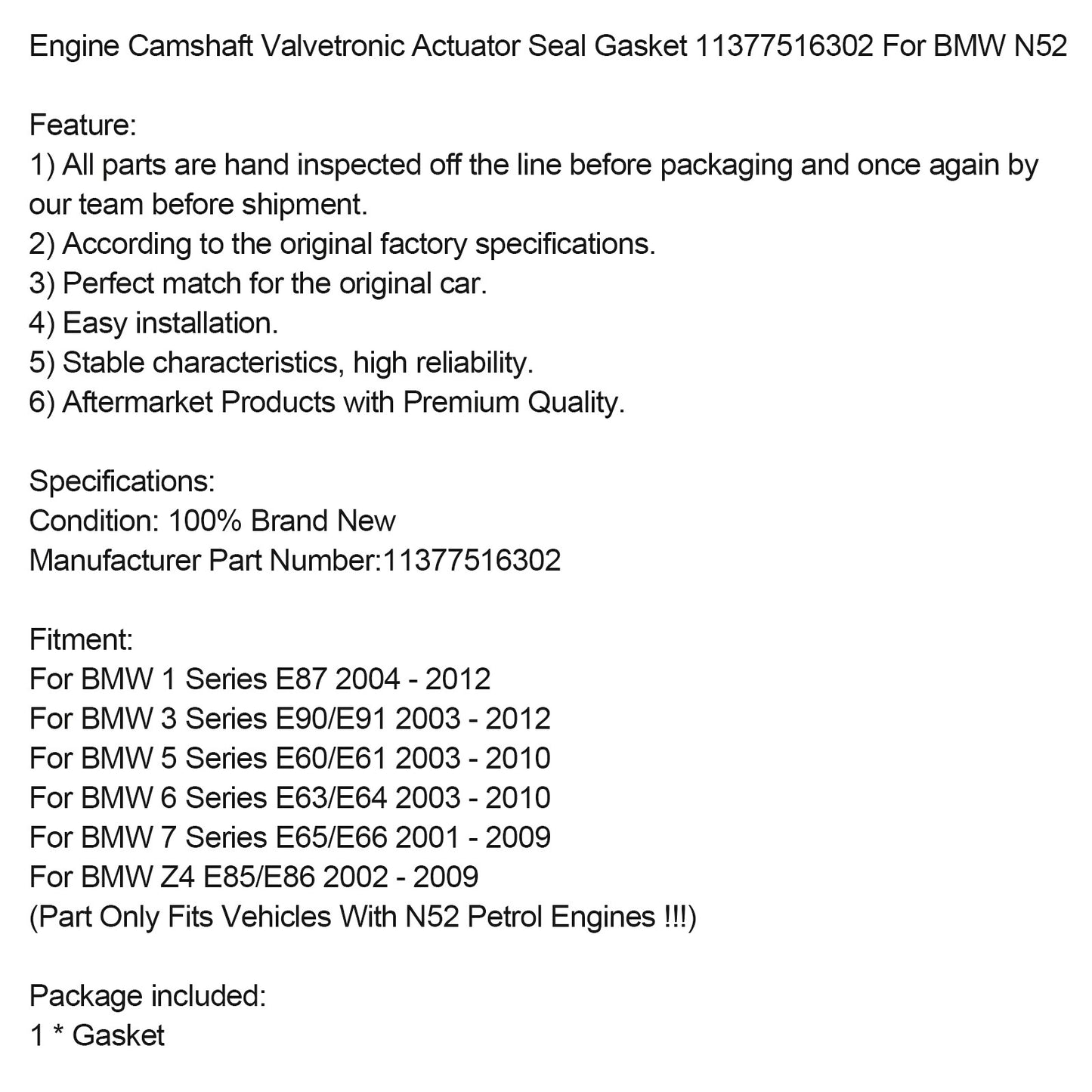 Engine Camshaft Valvetronic Actuator Seal Gasket 11377516302 For BMW N52