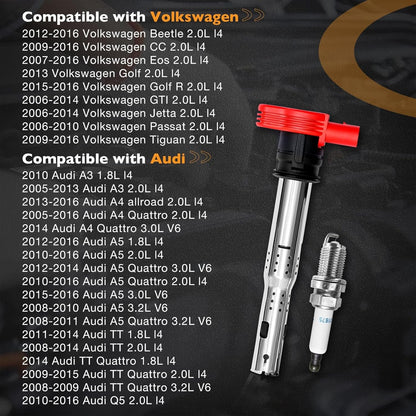 4x UF529 Ignition Coil & Spark Plugs Pack for Audi TT A4 A5 VW Tiguan Jetta 2.0L