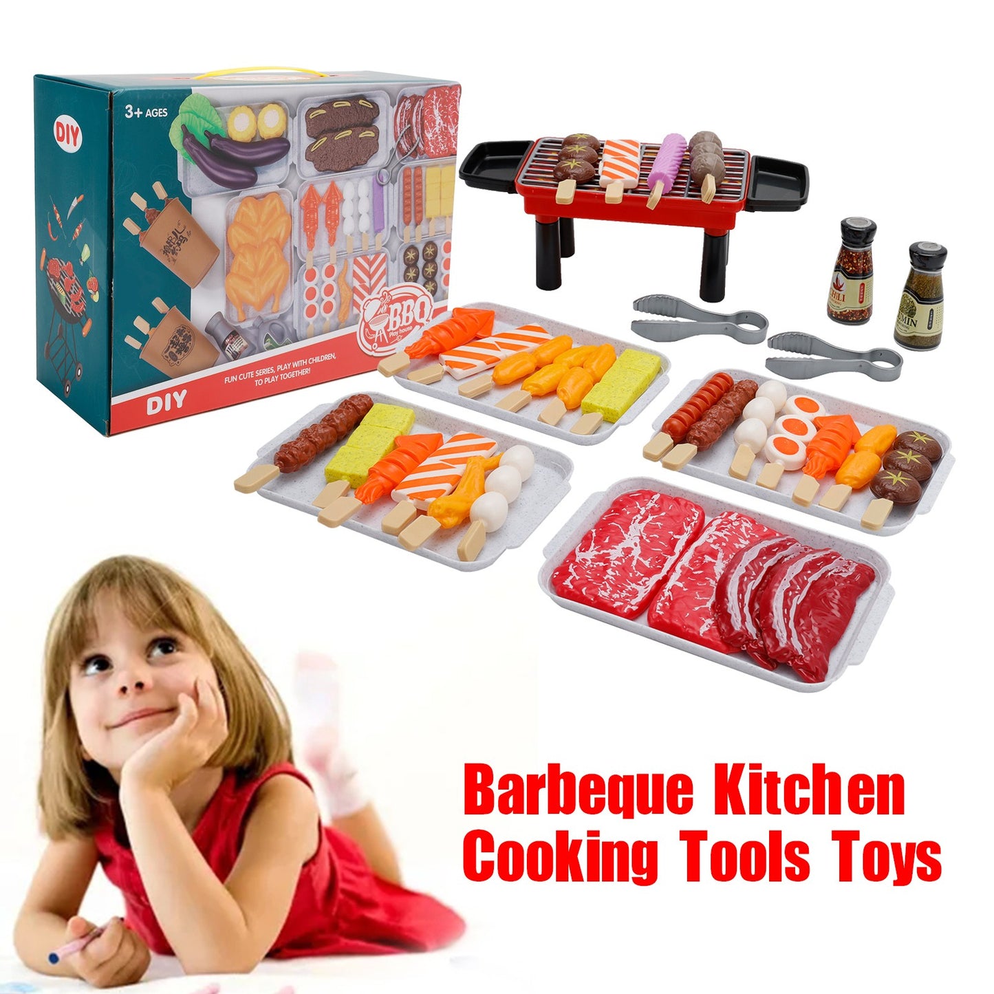 ??36Pcs BBQ Pretend Play Food Toy Grill Set Barbeque Kitchen Cooking Tools Toys