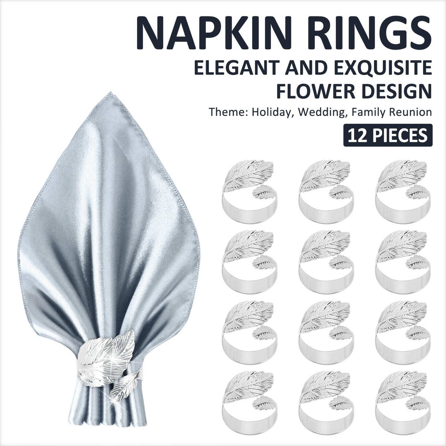 ??12PCS Silver Napkin Rings Leaf Napkin Holder Adornmen Alloy