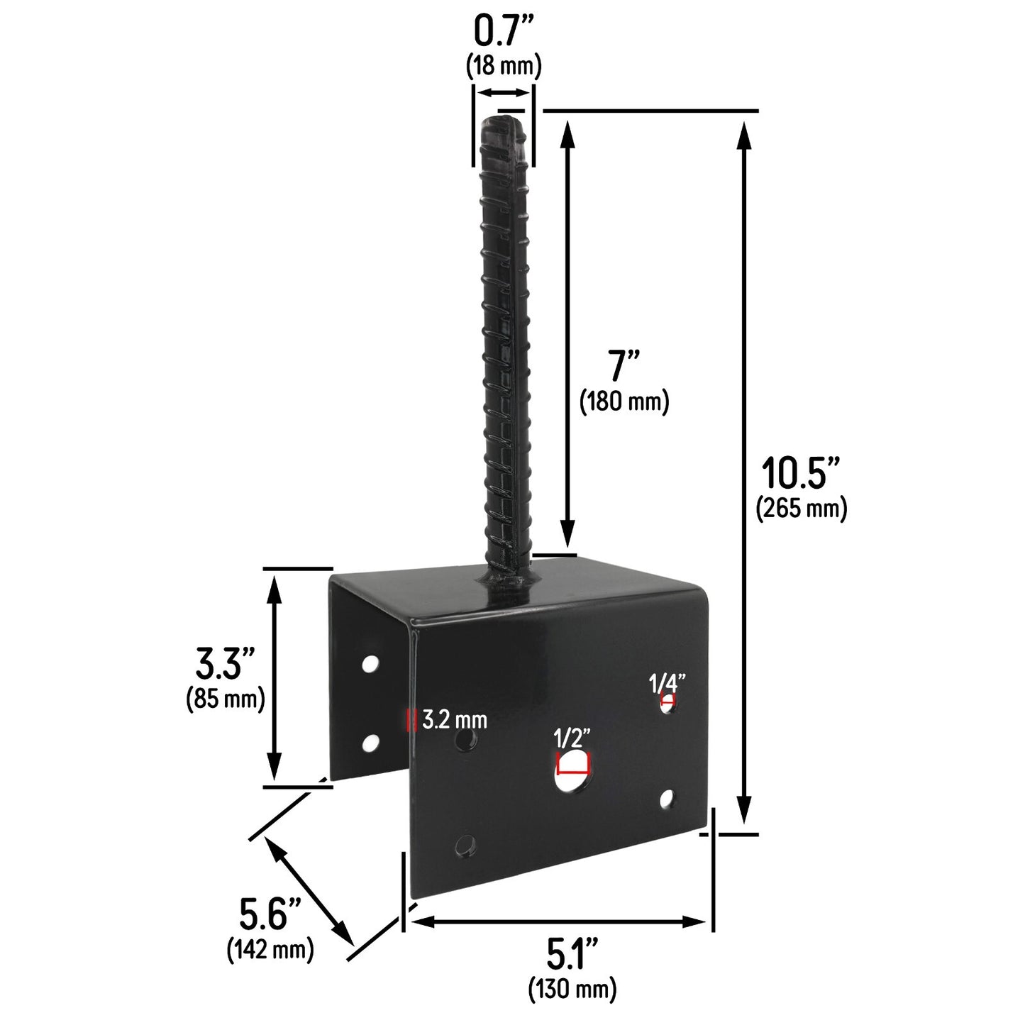 U Shaped 6x6 Deck Post Concrete Anchor Spike Fence Base, Black Powder Coated (2)