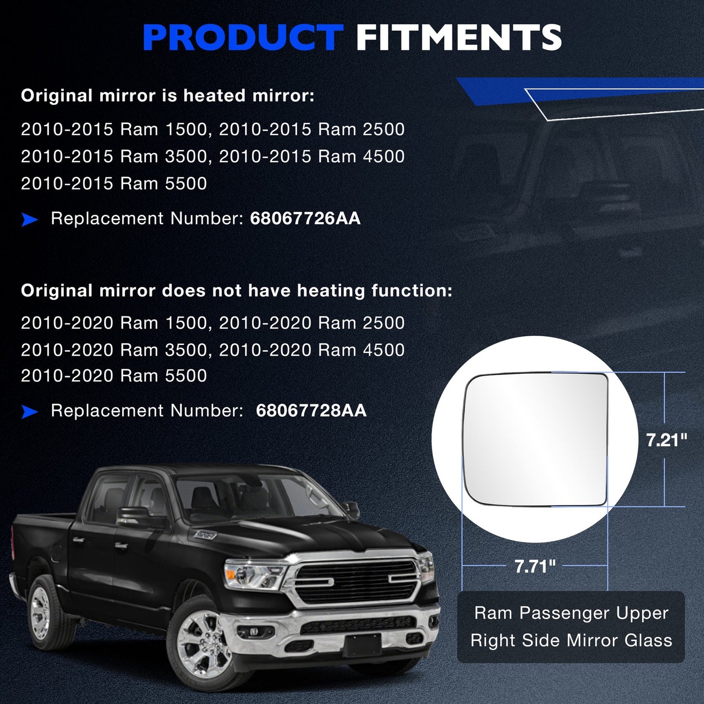 Passenger Right Upper & Lower Side Mirror Glass w/ Holder For 2010-2020 RAM 1500