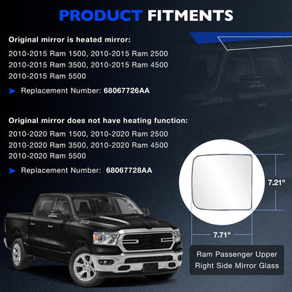 Passenger Right Upper & Lower Side Mirror Glass w/ Holder For 2010-2020 RAM 1500