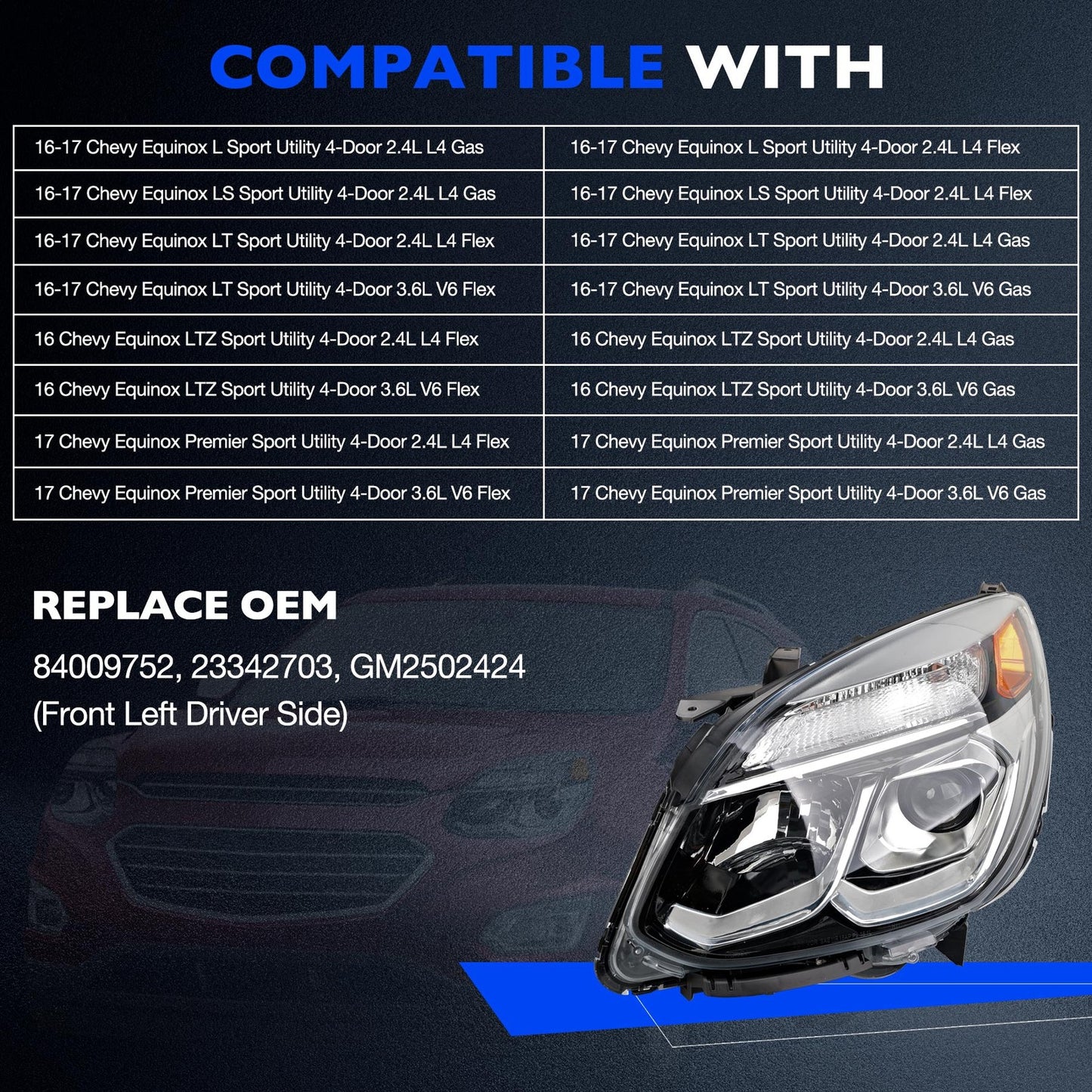 Halogen Chrome Headlight Assy Front Left Dirver Side For 2016-2017 Chevy Equinox