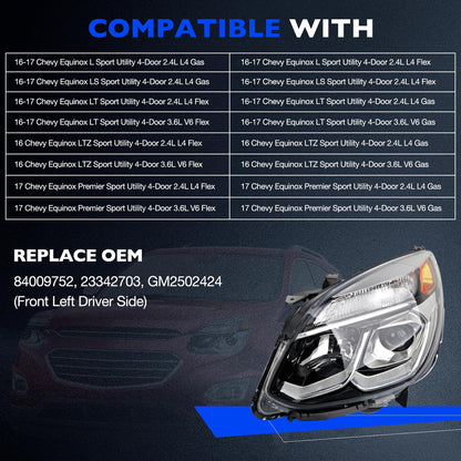 Halogen Chrome Headlight Assy Front Left Dirver Side For 2016-2017 Chevy Equinox