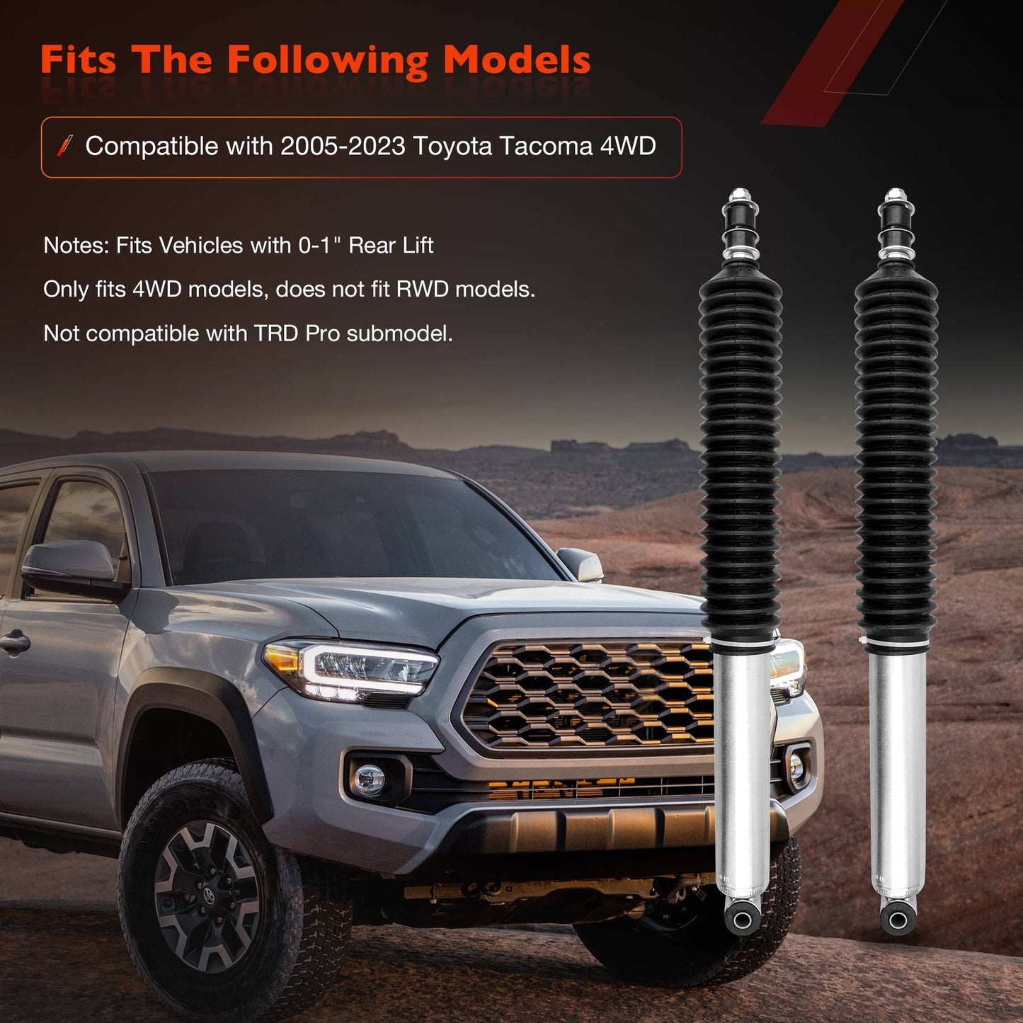 24-186728 2x Rear Absorber Shock w/ 0-1" Rear Lift For 05-23 Toyota Tacoma 4WD