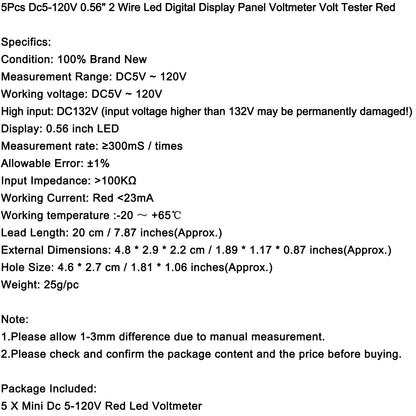 5Pcs Dc 5-120V Voltmeter Red Led Panel 3-Digital Display Volt Meter 2-Wire NEW