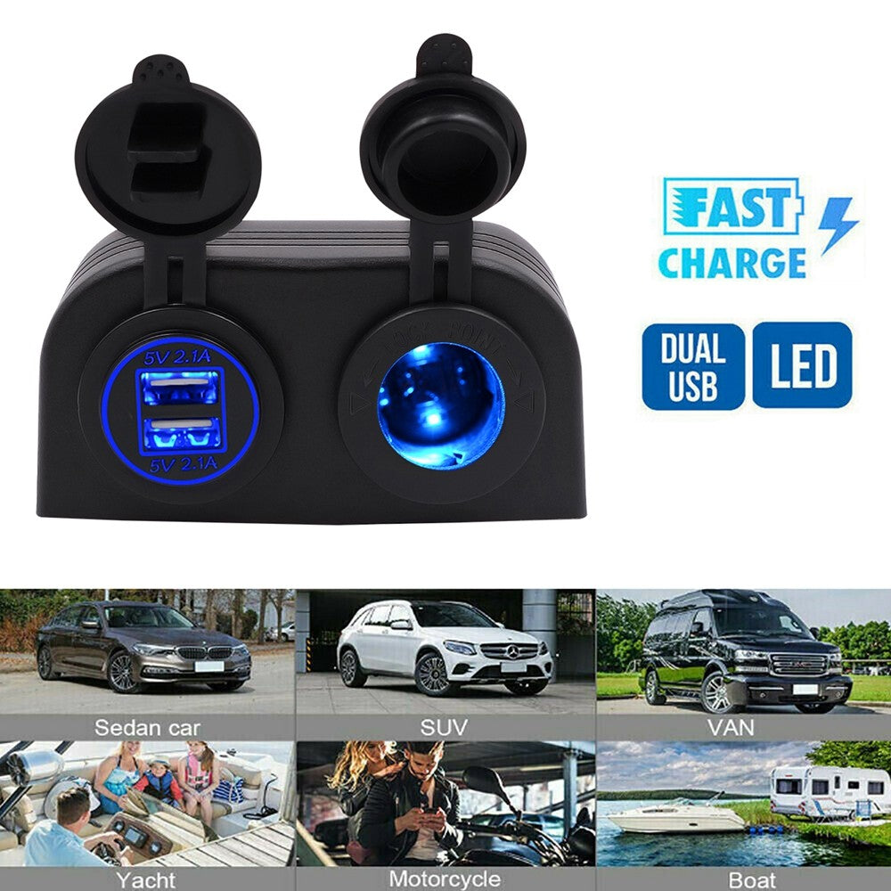 12V Dual USB 4.2A Charger Power Socket Outlet Surface Mount Fit Car Marine