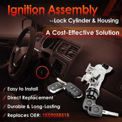 Ignition Switch Lock Cylinder w/ Remote Key Shell For 2004-18 VW Jetta Golf EOS