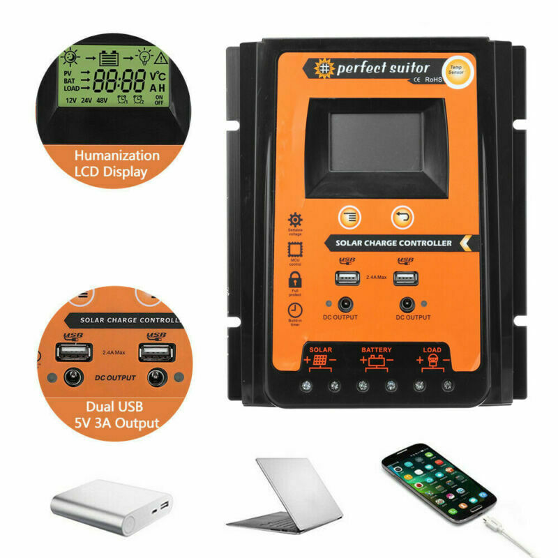 70A Solar Charger Controller 12/24V Dual USB Battery Panel Regulator