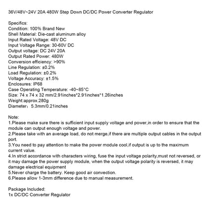 WaterProof 36V/48V to 24V 20A 480W Step Down DC/DC Power Converter Regulator US