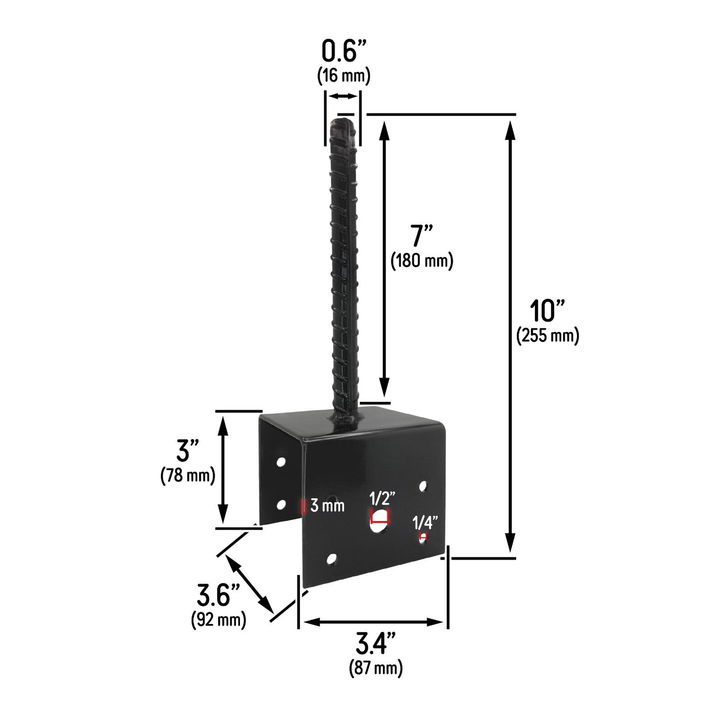 U Shaped 4x4 Deck Post Concrete Anchor Spike Fence Base, Black Powder Coated (4)
