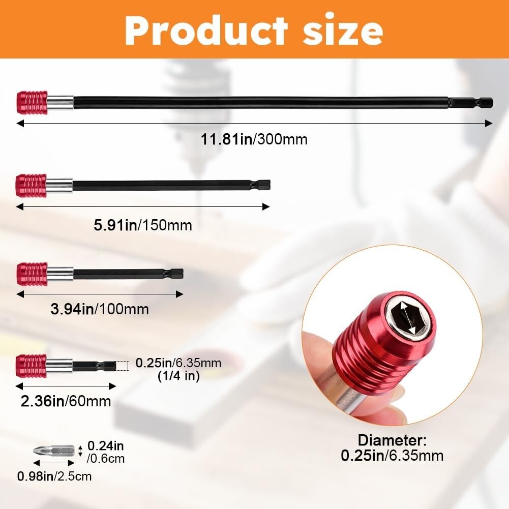 4Pcs Drill Extension 1/4" Hex Quick Release Bit Holder 12" 6" 4" 2"+4Pcs PH2 Bit