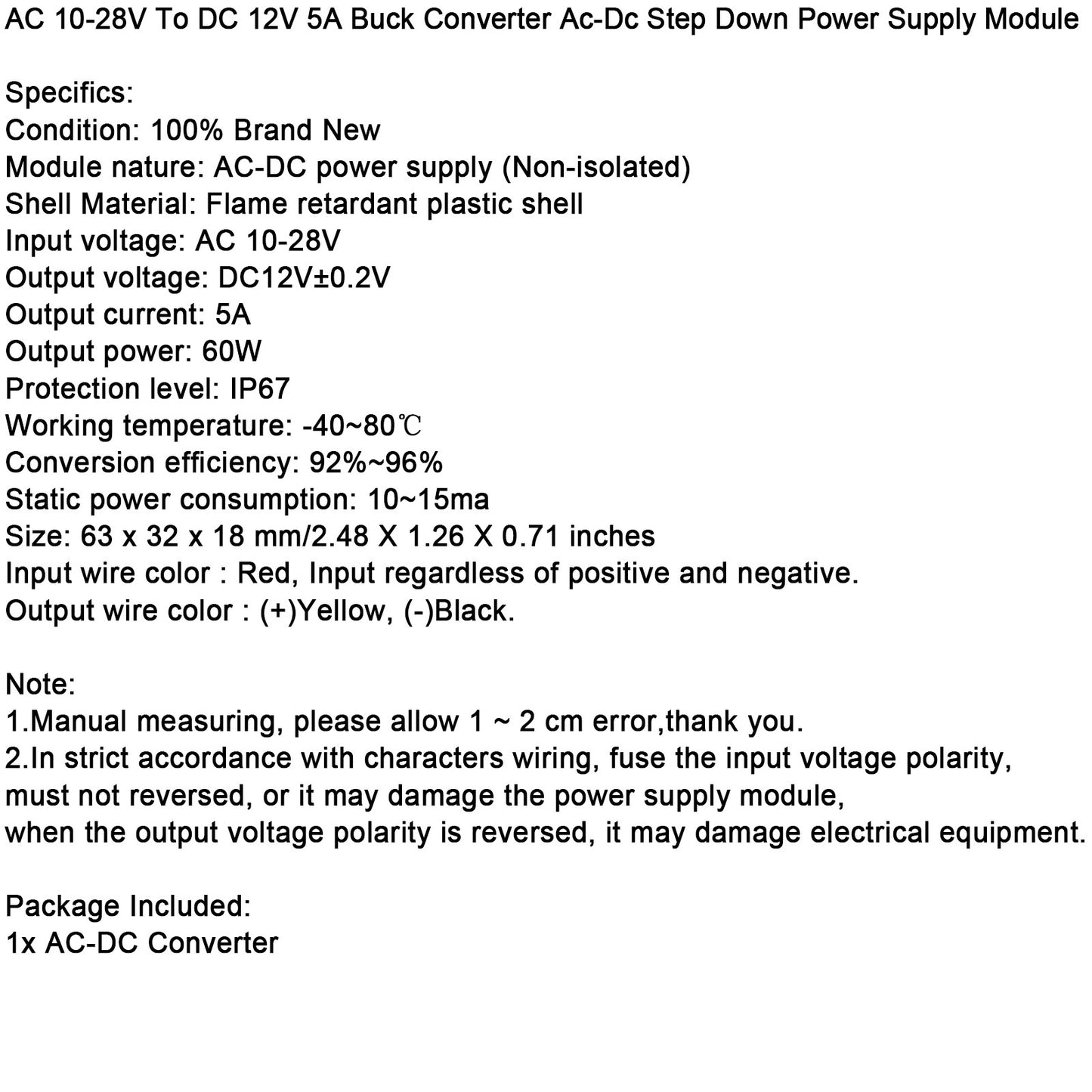 Waterproof Step Down Volt Converter AC12V To DC12V AC-DC Power Module 5A