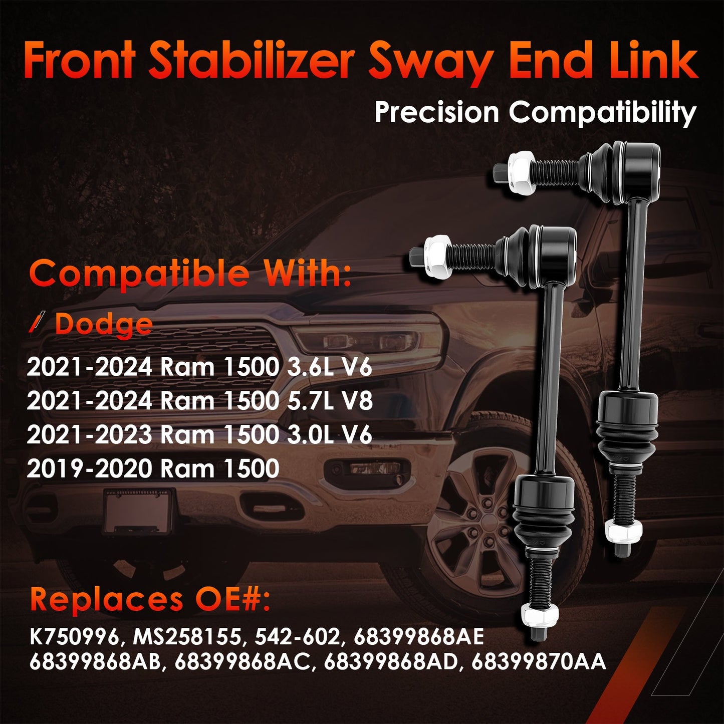 K750996 Front Sway Bar Link Kit Fit 2019-24 Dodge Ram 1500 Stabilizer Links 2Pcs