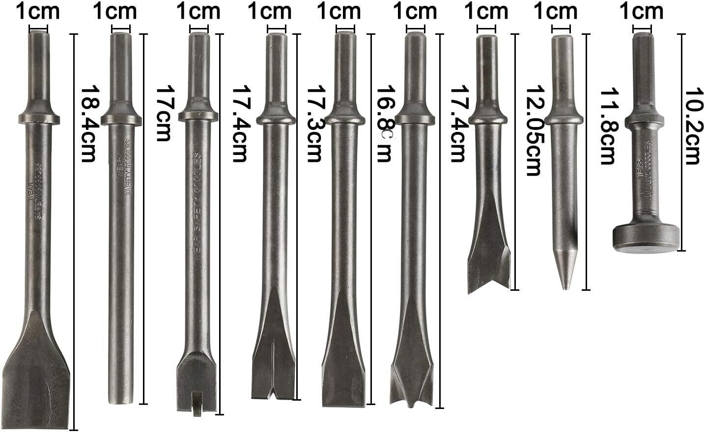 9Pcs Pneumatic Air Hammer Punch Chipping Bits Tool Chisel 0.39In Shank Tool Set