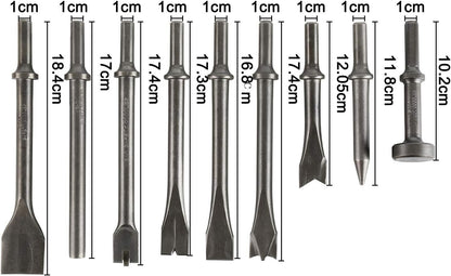9Pcs Pneumatic Air Hammer Punch Chipping Bits Tool Chisel 0.39In Shank Tool Set