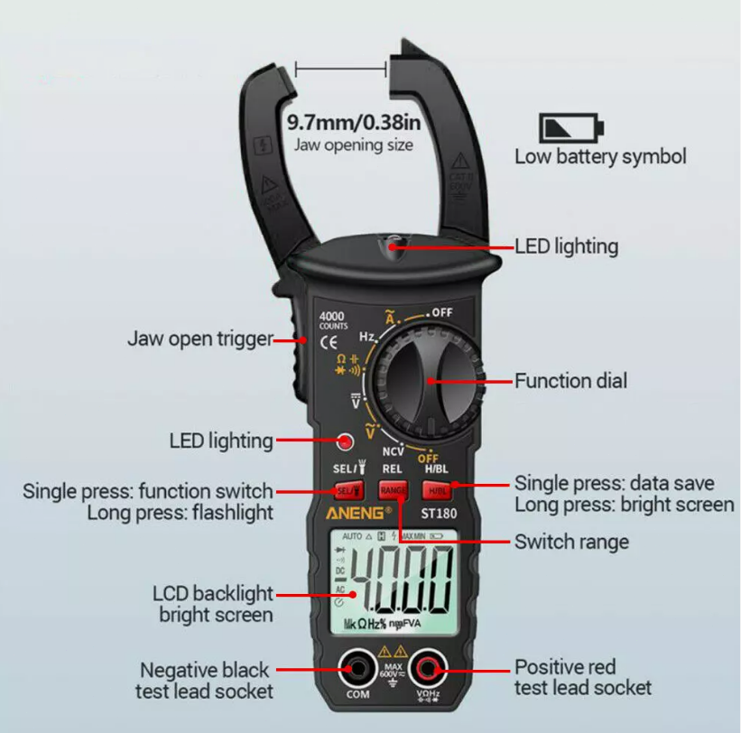 Digital Multimeter Tester AC DC Volt Amp Clamp Meter Auto Range LCD Handheld