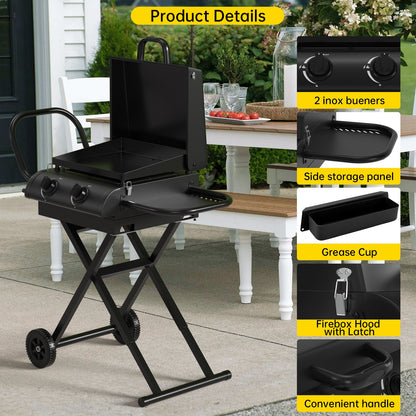 Portable Leg Propane Grill Folding Gas Grill Griddle w/Hood & Side Shelf,