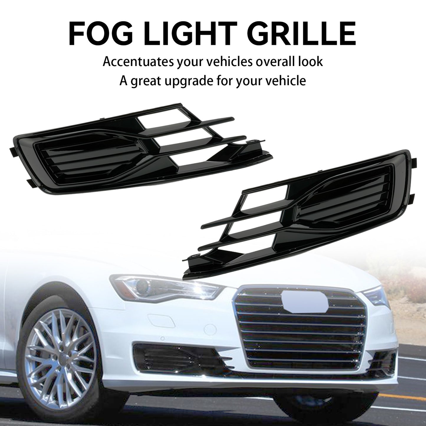 2PCS Front Bumper Foglight Cover Grill Grille Fit Audi A6 C7 2014-2018 Black